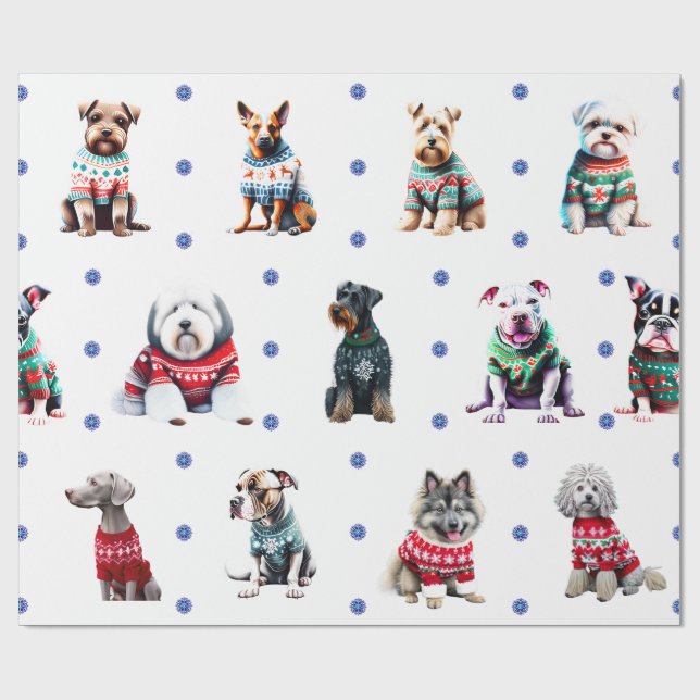 Papier Cadeau Chiens adorables dans des pulls de Noël moches sur (Plat)