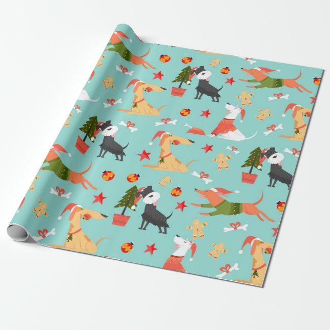 Papier Cadeau Chiens colorés Motif de Noël (Déroulé)