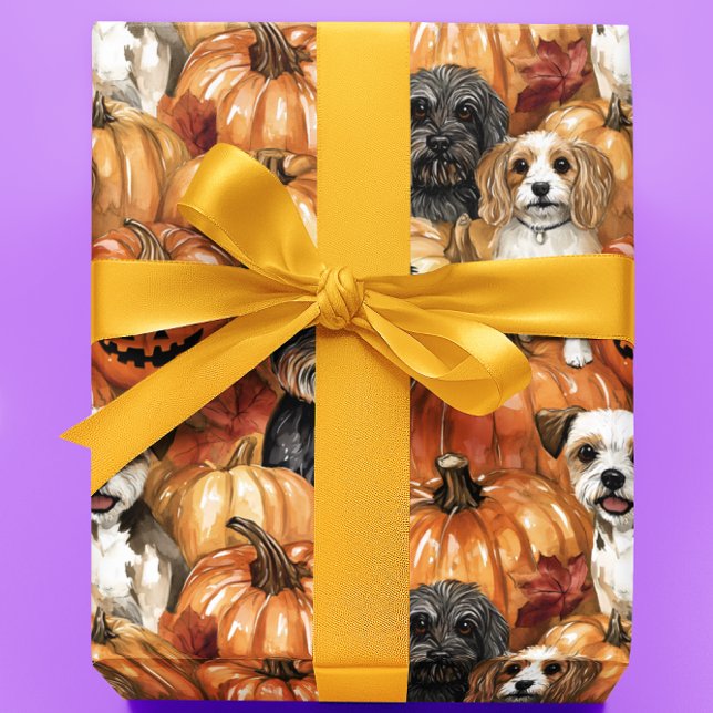 Papier Cadeau Chiens d'automne dans un patch de citrouille Hallo (Créateur téléchargé)