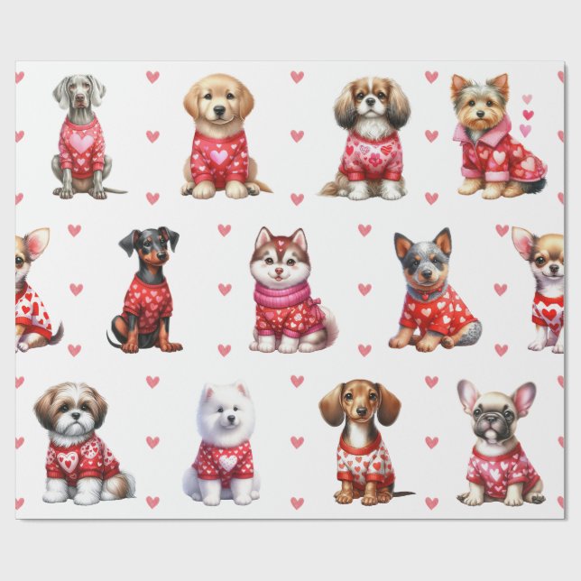 Papier Cadeau Chiens de la Saint Valentin mignons en blanc (Plat)