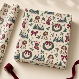 Papier Cadeau Chiens de Noël au point de broderie et noeuds bord