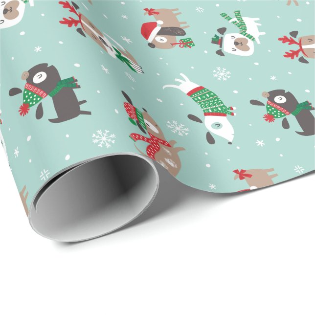 Papier Cadeau Chiens de noël mignons à la menthe (Coin rond)