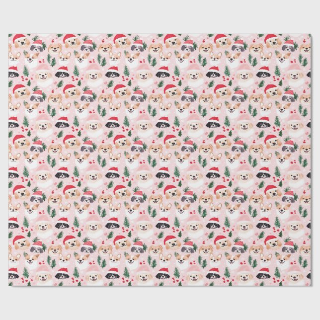 Papier Cadeau Chiens de Noël Rose (Plat)