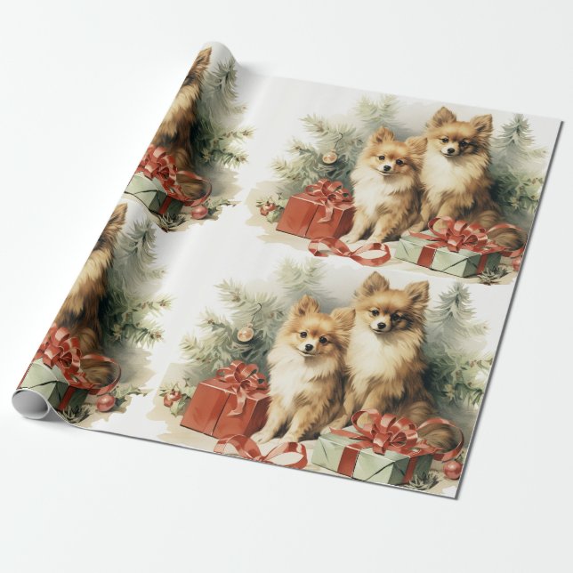 Papier Cadeau Chiens de Poméranie sapin de Noël et présente (Déroulé)