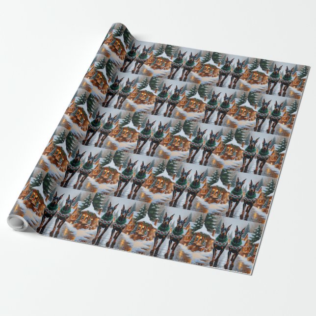 Papier Cadeau Chiens Doberman Noël Neige Fêtes (Déroulé)