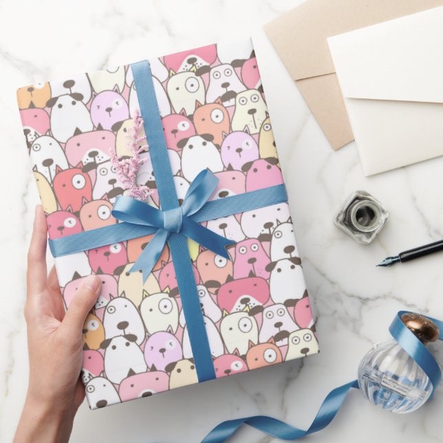 Papier Cadeau Chiens empilés rose tendre (Cadeaux)