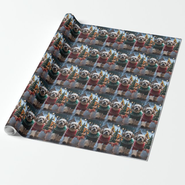 Papier Cadeau Chiens Lhasa Apso Noël Neige Vacances (Déroulé)