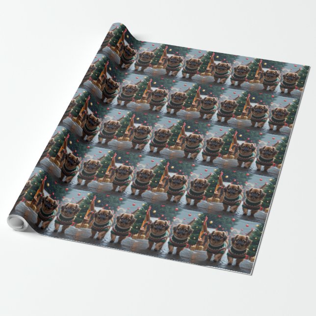 Papier Cadeau Chiens Pékinois Noël Neige Vacances (Déroulé)