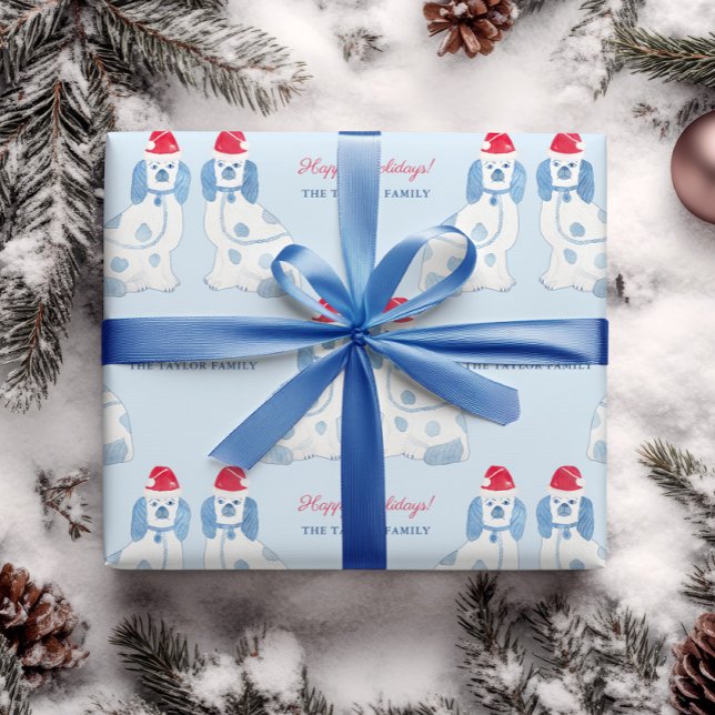 Papier Cadeau Chiens Preppy Blue and White Staffordshire Noël (Blue and white chinoiserie staffordshire pottery dogs with Santa hats Christmas wrapping paper)