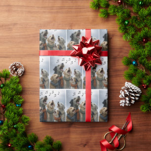 Papier Cadeau Chiens qui chantent Noël dans des flocons de neige