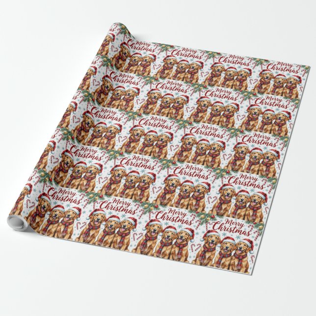 Papier Cadeau Chiens Retriever dorés joyeux Joyeux Noël (Déroulé)