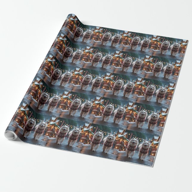 Papier Cadeau Chiens Samoyède Noël Neige Fêtes (Déroulé)