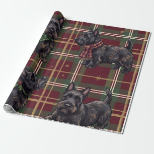 Papier Cadeau Chiens Scottie noirs de Noël Tartan rouge vert