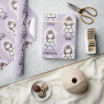 Papier Cadeau Chiffre de mariée fille avec texte nuptial sur vio<br><div class="desc">Texte nuptial sur arrière - plan violet avec mignonne figurine en bâton dans un voile de mariée blanc,  robe de dentelle,  cheveux,  collier de perle,  et tenant un bouquet de marguerite pour la douche nuptiale. La couleur Arrière - plan peut être modifiée.</div>