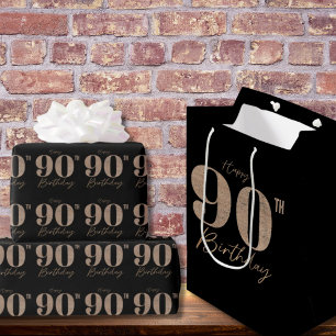 Papier Cadeau Chiffre Pailleté Noir et Or Anniversaire 90 ans