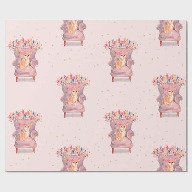 Papier Cadeau Chihuahua Chien Floral Pink Gold Spots (Plat)