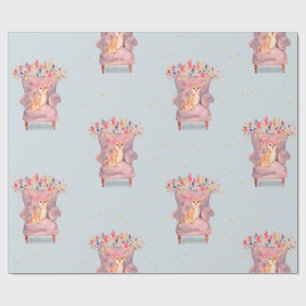 Papier Cadeau Chihuahua Chien Floral Rose Blue Gold Spots
