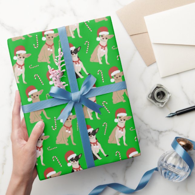Papier Cadeau Chihuahua Santa Hat Sucre de canne vert Noël (Cadeaux)