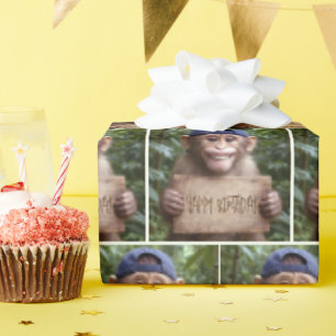 Papier Cadeau Chimpanzé avec pancarte Joyeux Anniversaire
