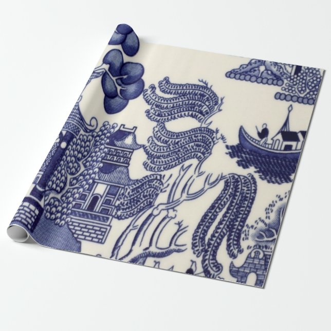Papier Cadeau Chine bleu et blanc Découpage (Déroulé)
