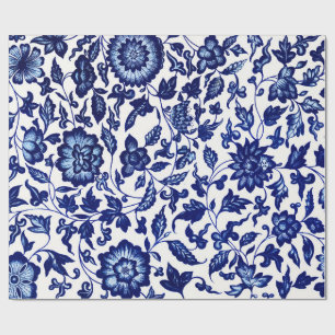Papier Cadeau Chinois bleu marine foncé motif floral sur blanc