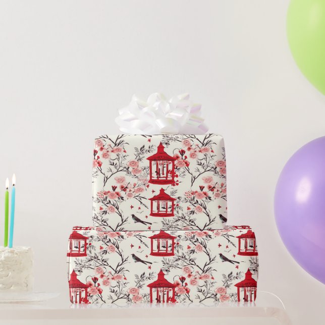 Papier Cadeau Chinoiserie Asiatique Floral Peinture Rouge Découp (Cadeaux de fête)