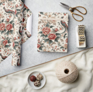 Papier Cadeau Chinoiserie Asiatique Oiseau Blanc Rouge Floral