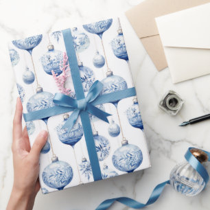 Papier Cadeau Chinoiserie Bleu & Blanc Ornements de Noël
