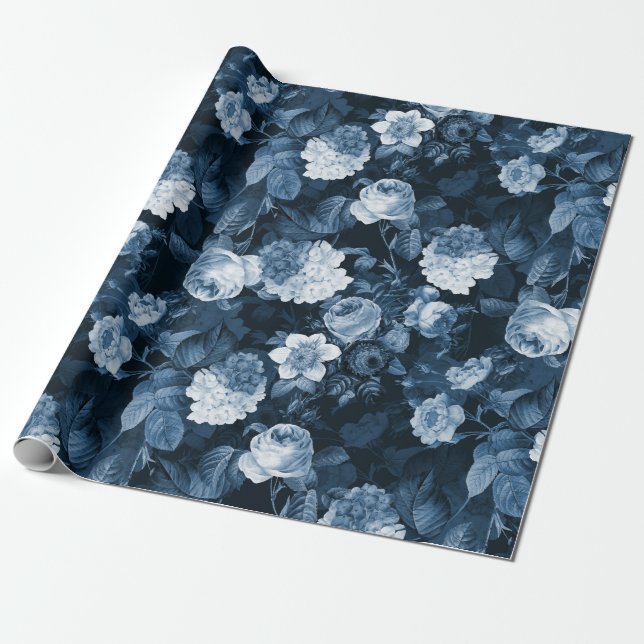 Papier Cadeau chinoiserie bleue antique Redouté rose motif (Déroulé)