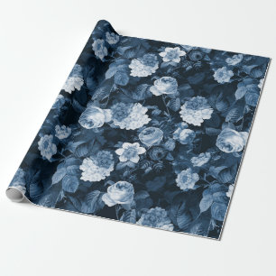 Papier Cadeau chinoiserie bleue antiquité Redouté rose motif