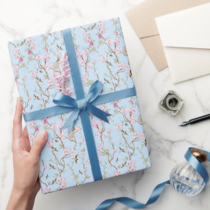 Papier Cadeau Chinoiserie botanique bleue et rose Oiseaux et fle