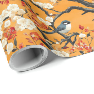 Papier Cadeau Chinoiserie de fleurs et d'oiseaux orange d'automn