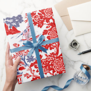 Papier Cadeau Chinoiserie Delft Floral Rouge Bleu Vintage