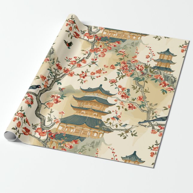 Papier Cadeau Chinoiserie élégante - Pagodes, Fleurs et Oiseaux (Déroulé)