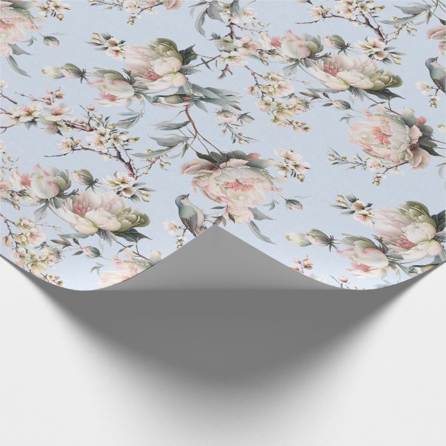 Papier Cadeau Chinoiserie Fleur et Oiseau Bleu Clair (Coin)