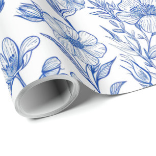 Papier Cadeau Chinoiserie florale bleu et blanc