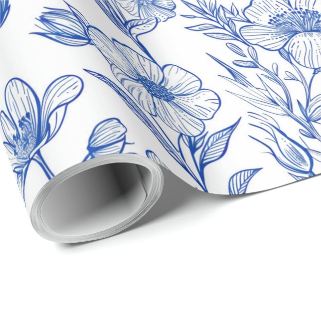 Papier Cadeau Chinoiserie florale bleu et blanc (Coin rond)