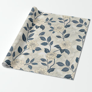 Papier Cadeau Chinoiserie Moderne Rose Ivoire Navy Botanique