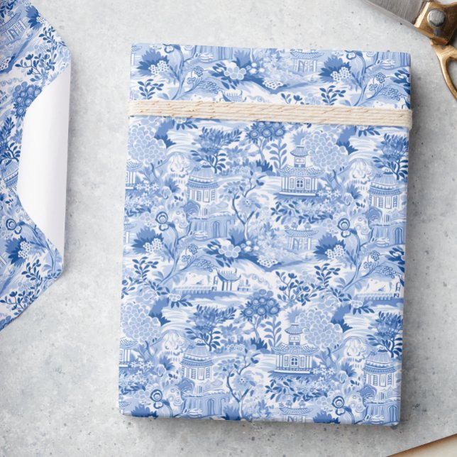 Papier Cadeau Chinoiserie Pagode Bleue & Blanche (Créateur téléchargé)