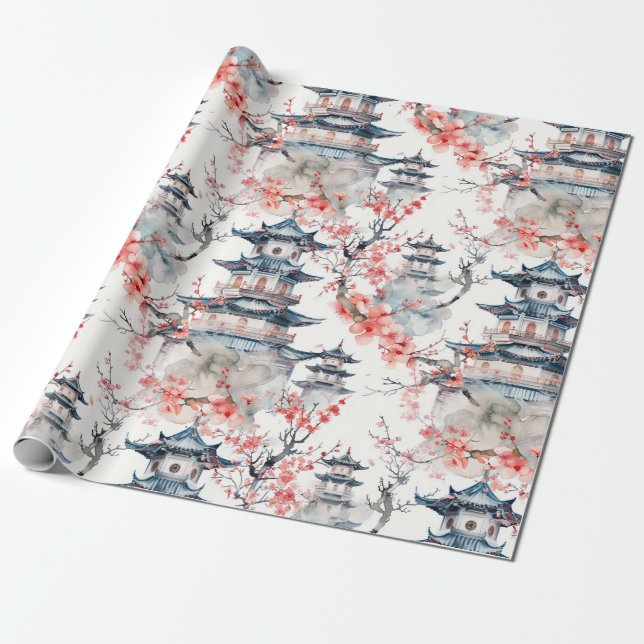 Papier Cadeau Chinoiserie Pagode Bleue Fleur Rose Florale (Déroulé)