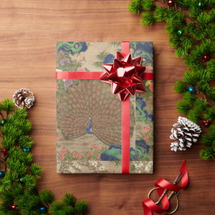 Papier Cadeau Chinoiserie Paon Bleu avec Jardin de Fleurs Exotiq