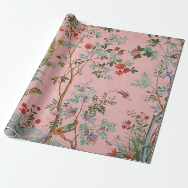 Papier Cadeau Chinoiserie rose Oiseau Floral Découpage cadeau (Déroulé)