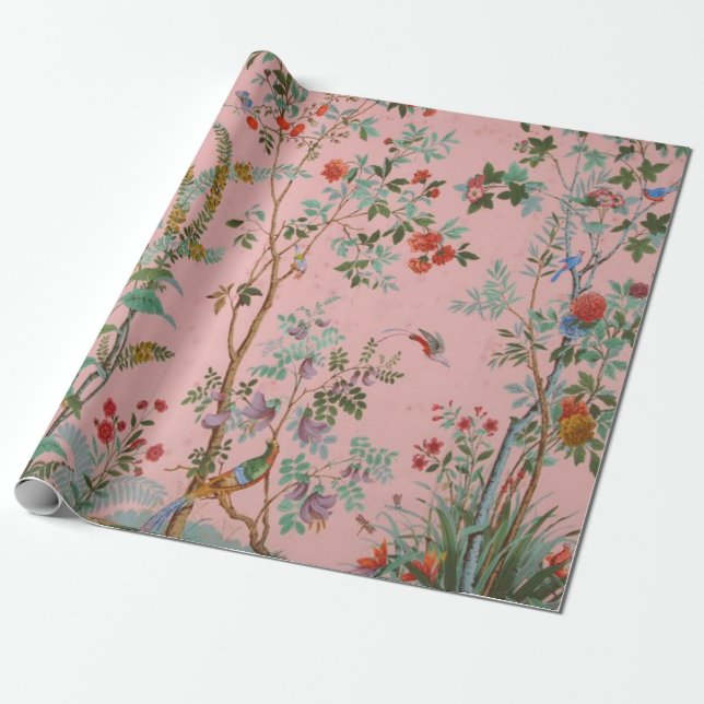 Papier Cadeau Chinoiserie rose Oiseau Floral Élégant Découpage (Déroulé)
