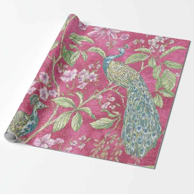 Papier Cadeau Chinoiserie rose paon découpage floral (Déroulé)