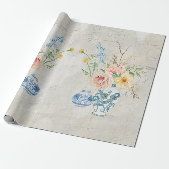 Papier Cadeau Chinoiserie Rose Peony Floral Bleu Blanc Vases (Déroulé)