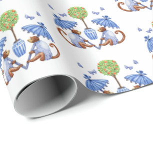 Papier Cadeau Chinoiserie singes et parasols