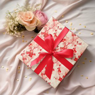Papier Cadeau Chinoiserie vintage Asiatique Floral Rouge Rose