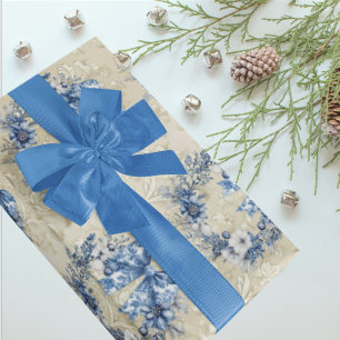 Papier Cadeau Chinoiserie Vintage Bleu Blanc Fête Damassé