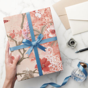 Papier Cadeau Chinoiserie vintage Fleurs blanches roses rouges a