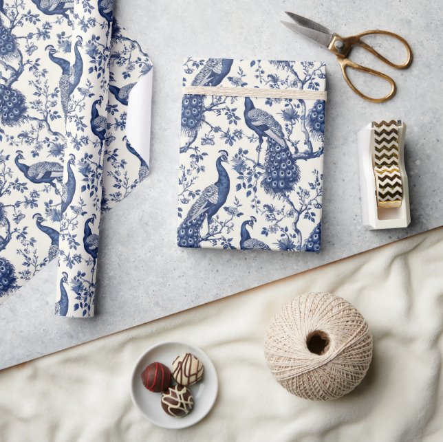 Papier Cadeau chinoserie de paon chinois bleu et blanc d'aquarel (Artisanat)
